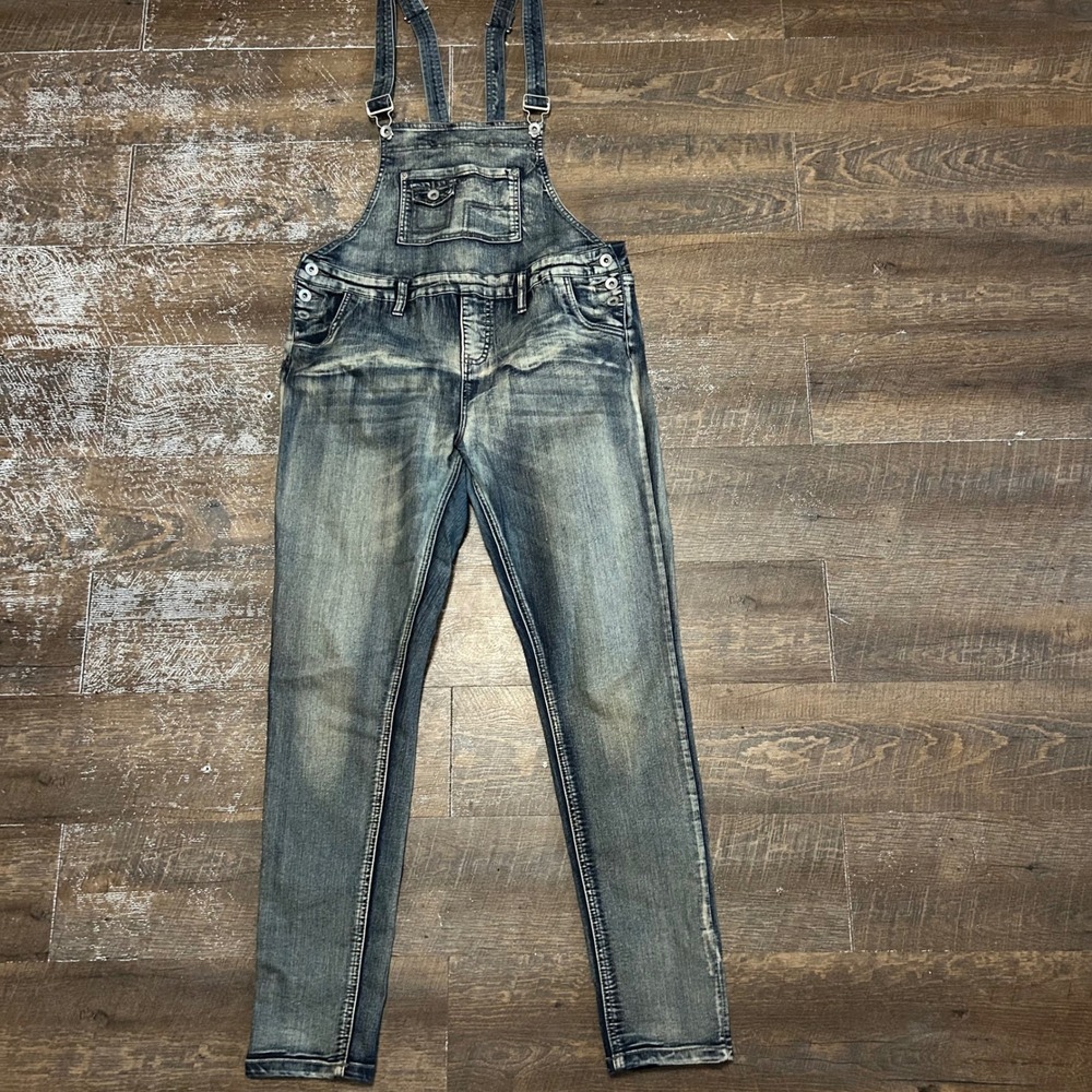 YMI Womens Slim Fit Acid Wash Denim Overalls Distressed Blue Size 13 Y2K Grunge